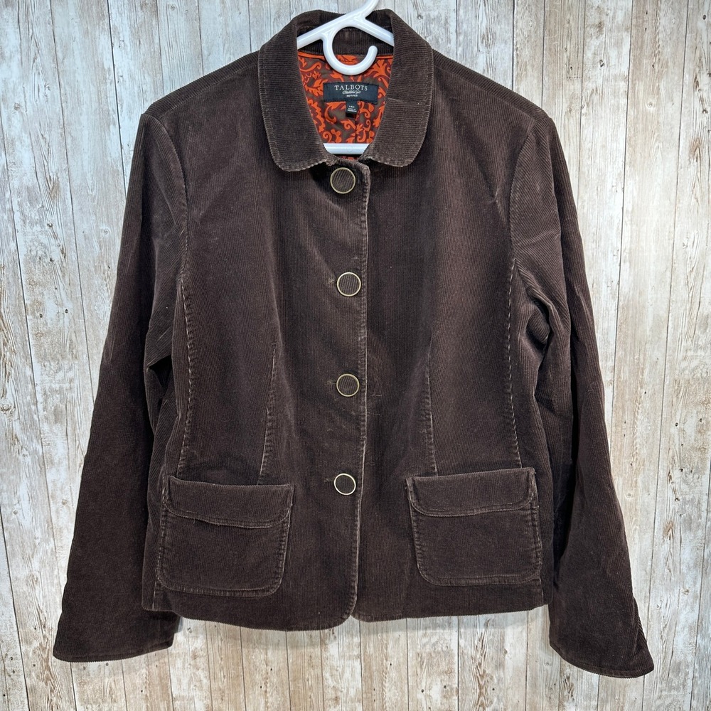 Talbots Petites Brown Corduroy‎ Blazer Jacket Gold Button Floral Lined Autumn